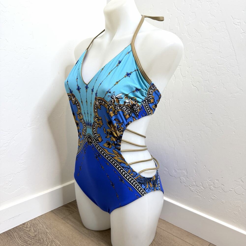Gottex Versailles One Piece Strappy Swimsuit Womens US 12 Copper Blue Print Open